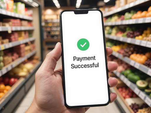 E-commerce shopping experience with mobile phone showing online store, bright retail environment