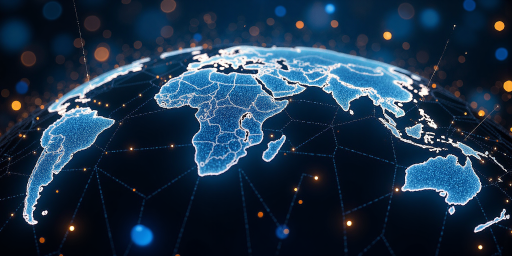 Global e-commerce platform concept with shopping cart and international flags, modern digital design